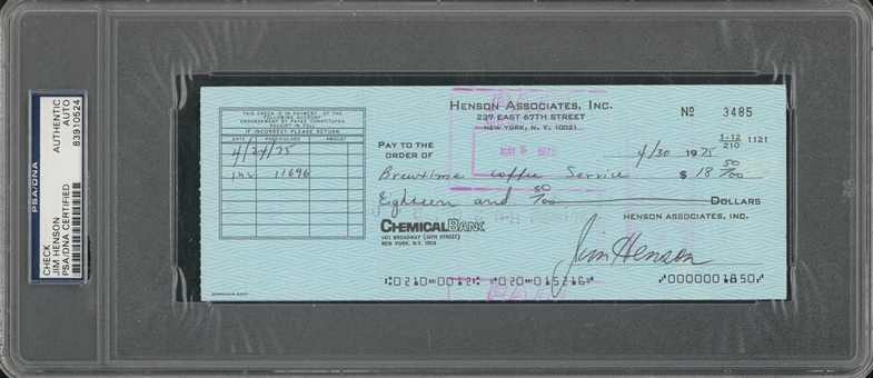1975 Jim Henson Signed Henson Associates Check Dates 4/30/1975 (PSA/DNA)